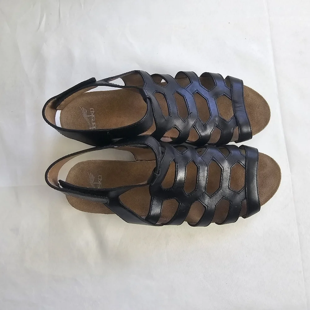 Dansko Valentina Caged Wedge Sandals Black Leather Women’s EU 40 US 9.5–10